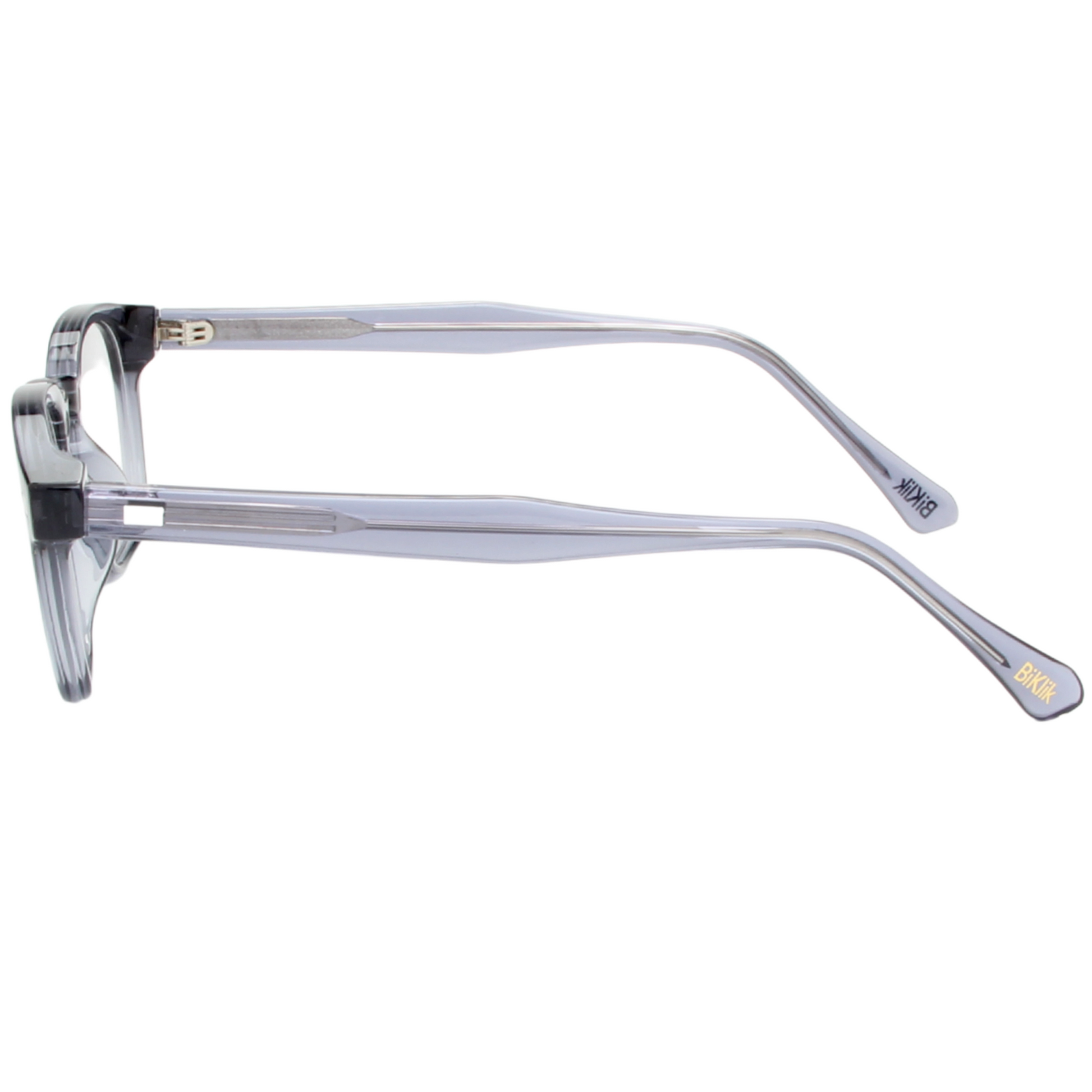 Clear eyeglasses with gold accents on a white background