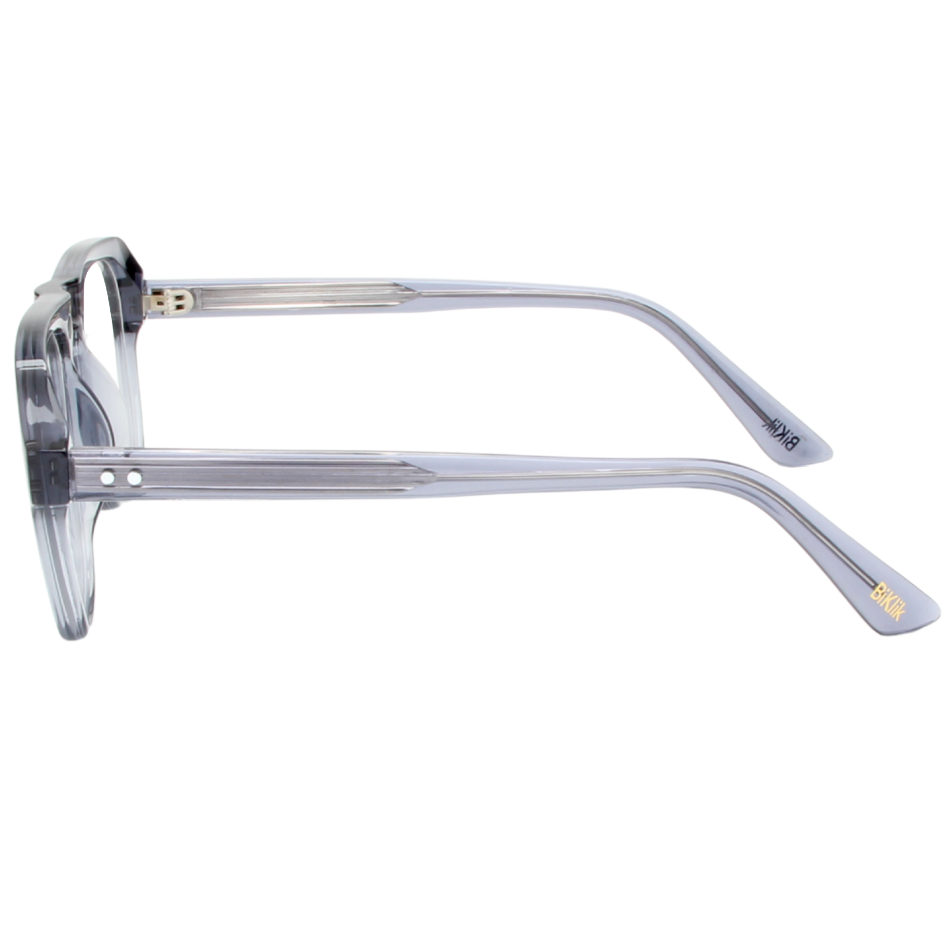 Clear eyeglasses with gold accents on a white background