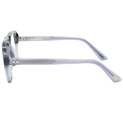 Clear eyeglasses with gold accents on a white background