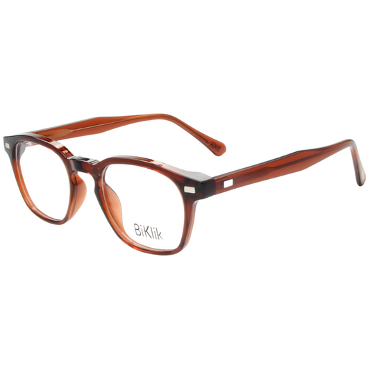 Brown eyeglasses with 'Bikrik' branding on a white background