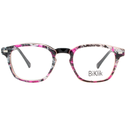 Floral-patterned eyeglasses with 'BiKlik' branding on a white background
