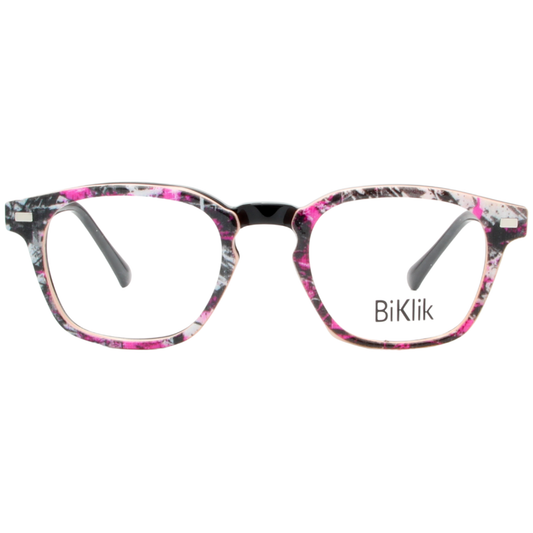 Floral-patterned eyeglasses with 'BiKlik' branding on a white background