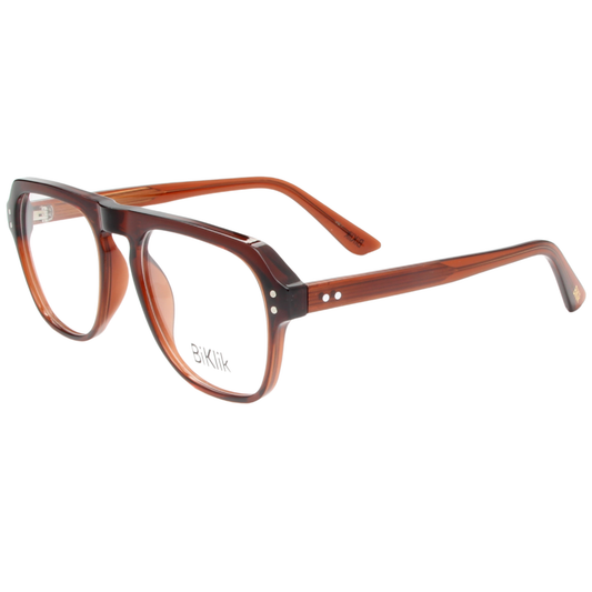 Brown eyeglasses with a visible brand logo on a white background