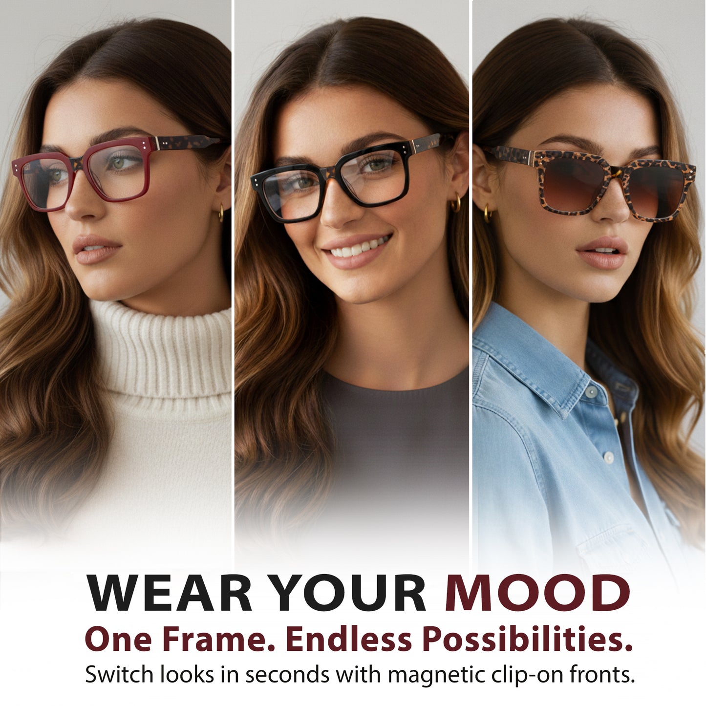 SOFIA Set – Tortoise Frame + Matte Black, Tor & Burgundy Clips