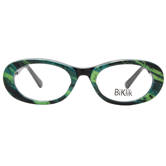 Green and black eyeglasses with 'BiKlik' branding on a white background