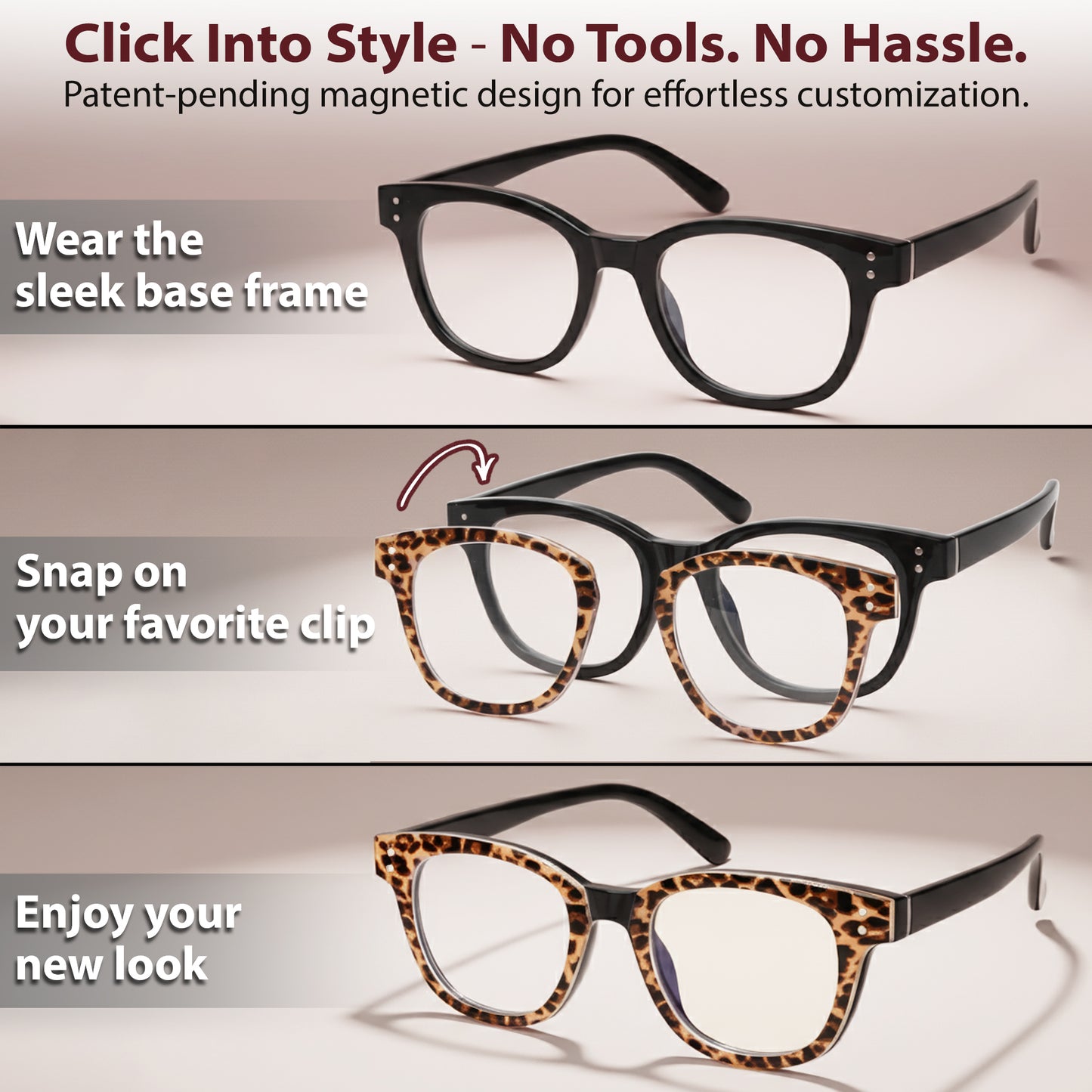 DEBBIE Set - Black Frame + Pink, Burgundy & Tortoise Clips