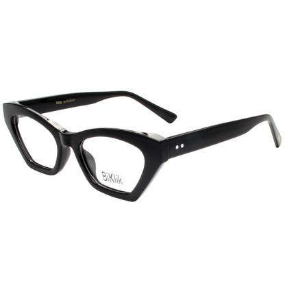 Black cat-eye glasses with 'Biklik' branding on a white background