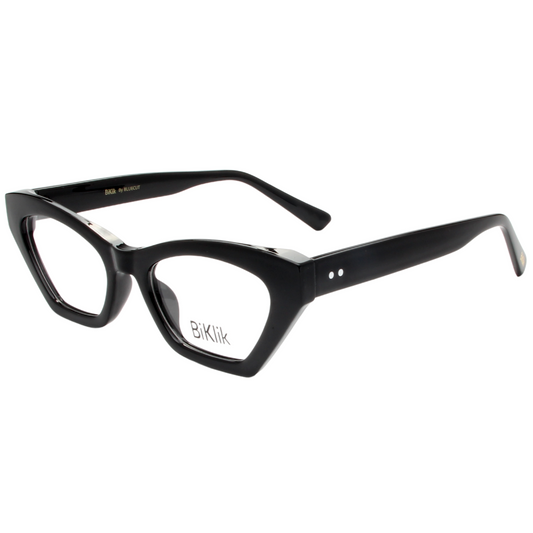 Black cat-eye glasses with 'Biklik' branding on a white background