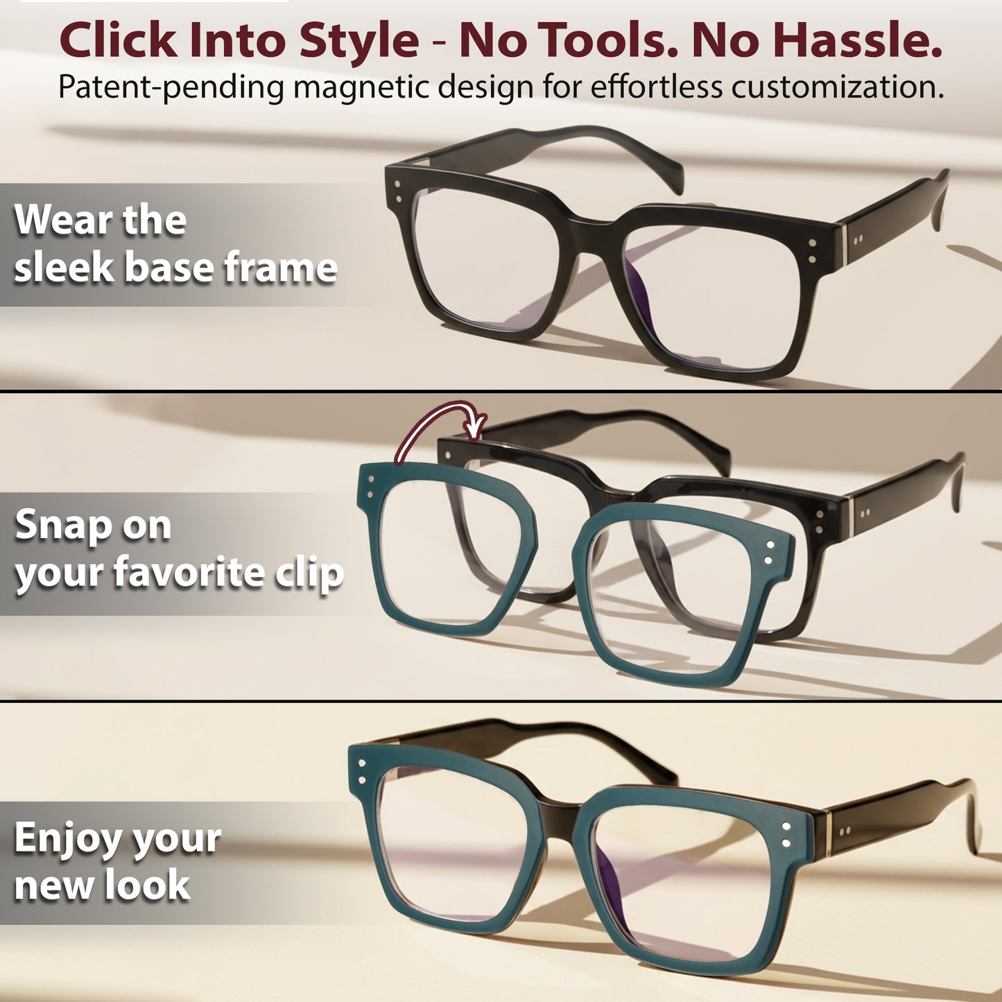 SOFIA Set – Black Frame + Green, Burgundy & Tortoise Clips