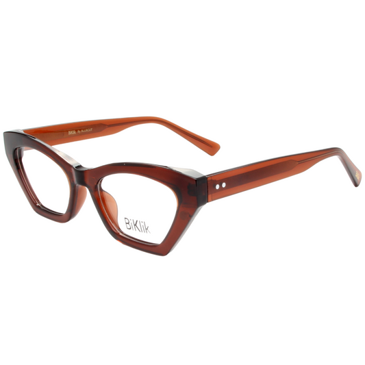 Brown cat-eye glasses with 'BIKU' branding on a white background