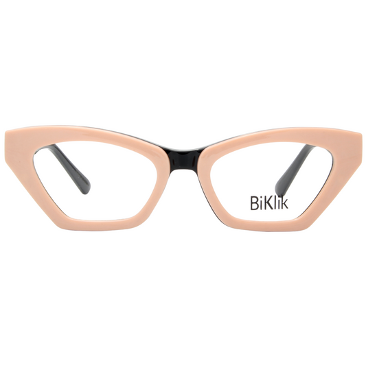 Cat-eye glasses with a beige frame and black accents on a white background