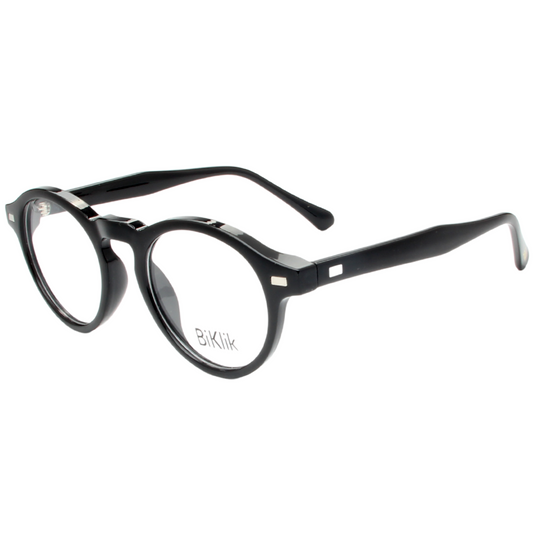 Black eyeglasses with gold accents on a white background