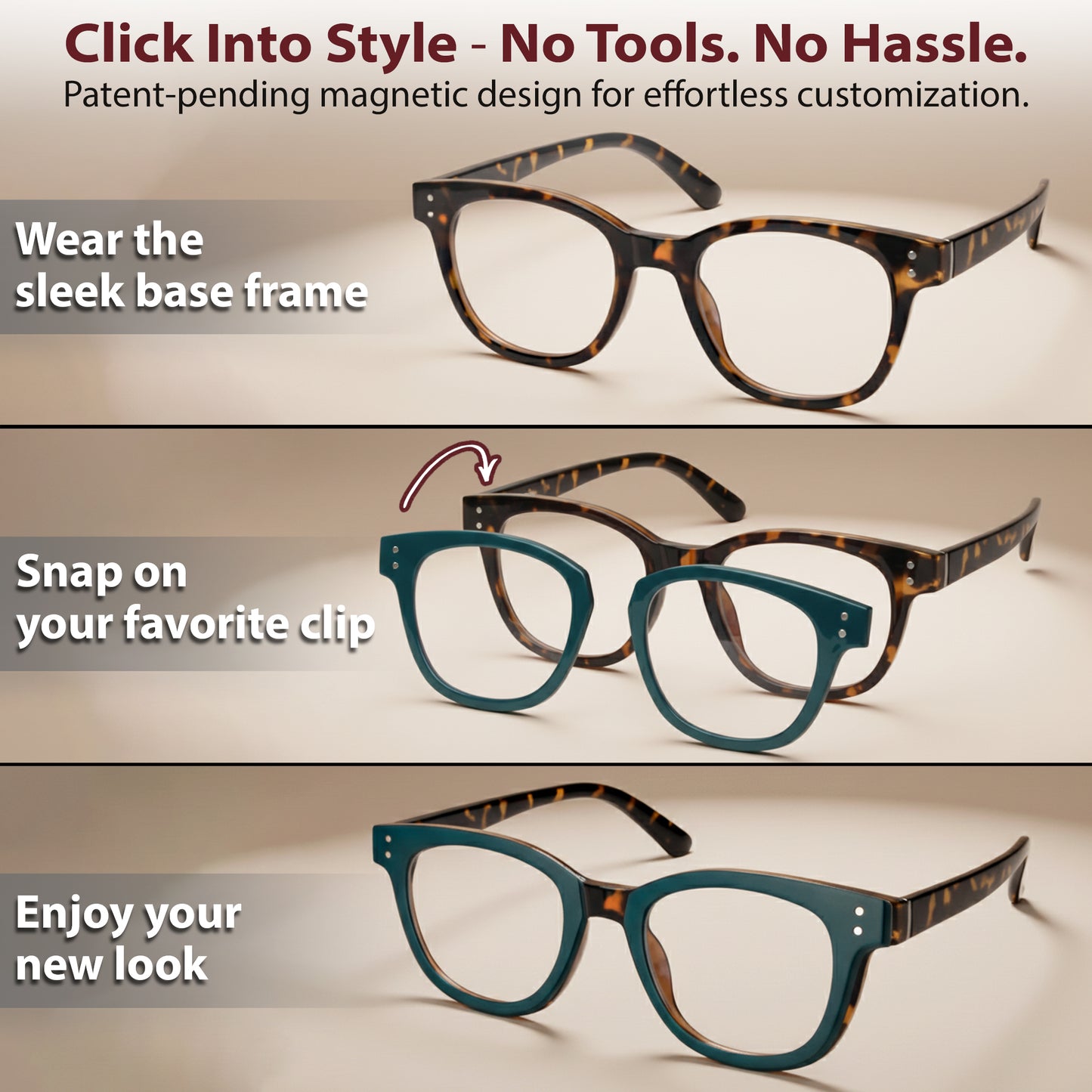 DEBBIE Set - Tortoise Frame + Matte Black, Green & Tortoise Clips