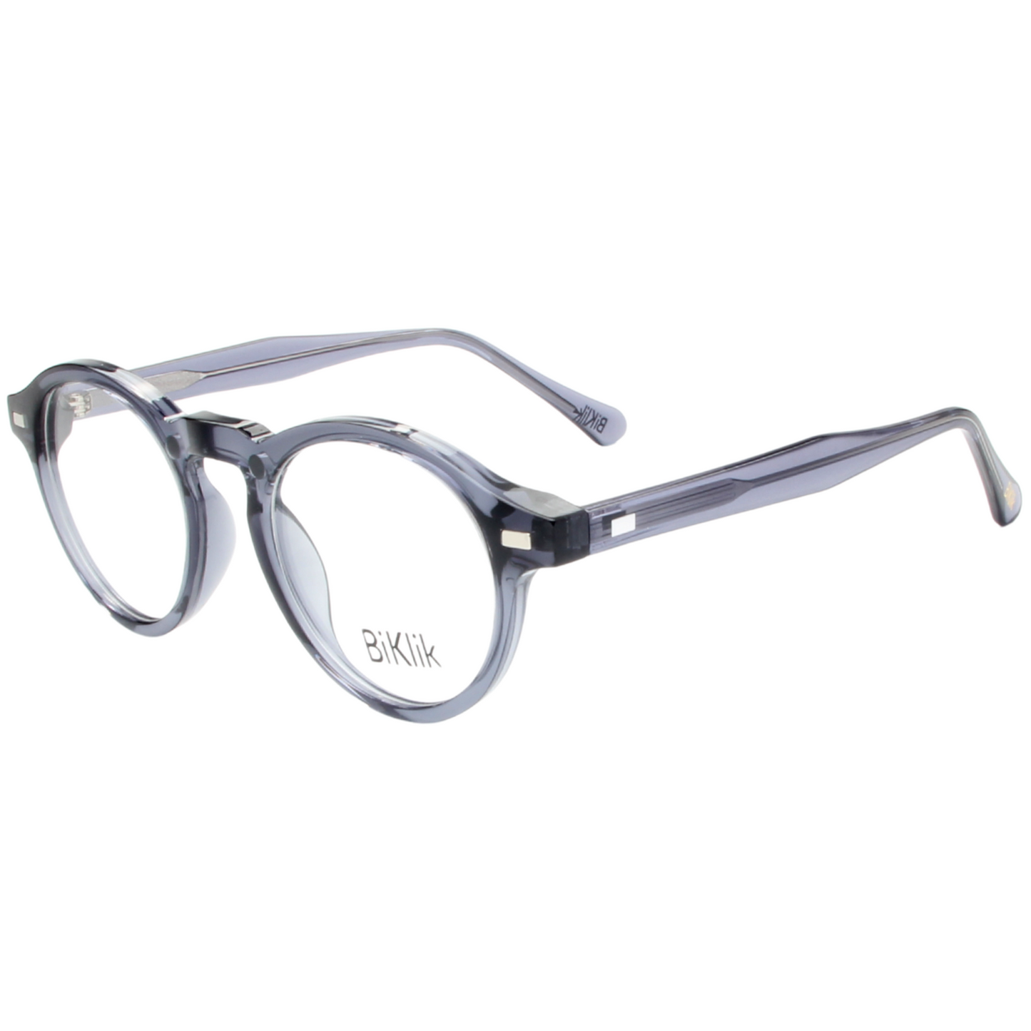 Clear eyeglasses with a brand logo on a white background