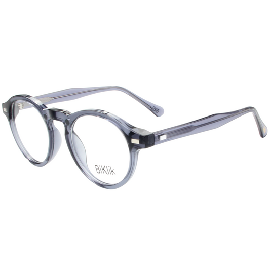 Clear eyeglasses with a brand logo on a white background