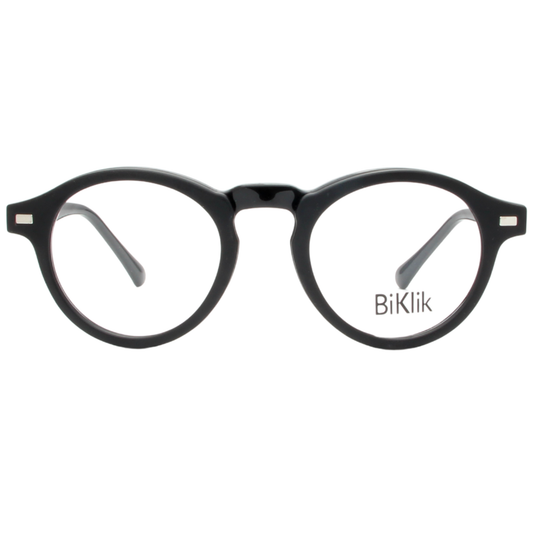 Black round eyeglasses with 'BiKlik' branding on a white background