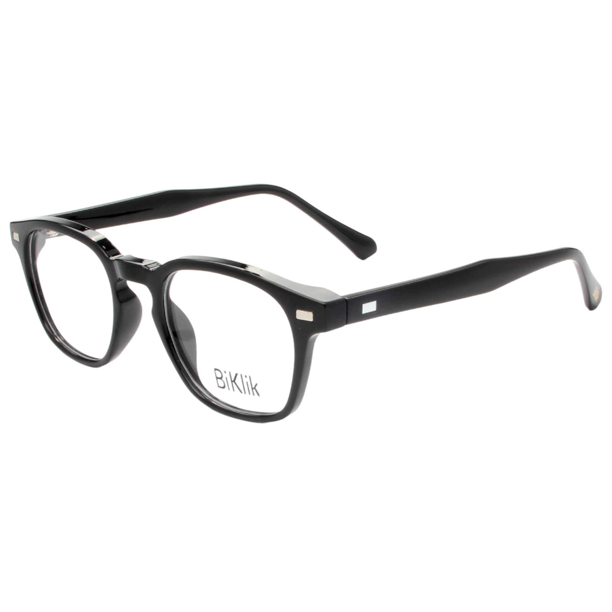 Black eyeglasses with a visible brand logo on a white background