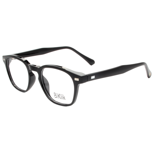 Black eyeglasses with a visible brand logo on a white background