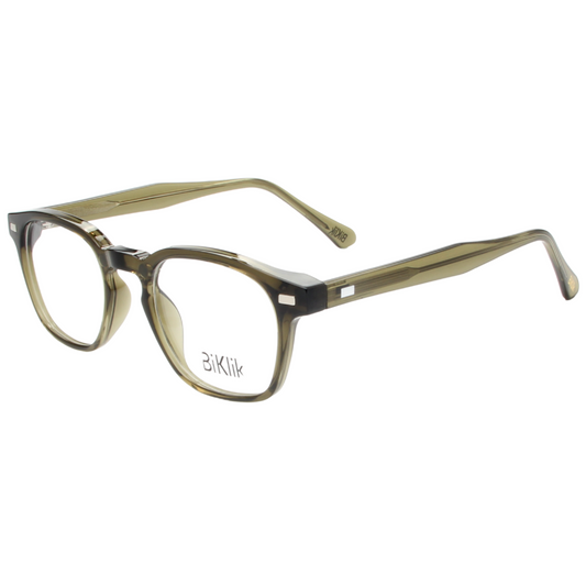 Eyeglasses with a green and black frame on a white background