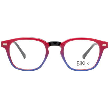 Red and blue eyeglasses with 'BiKlik' branding on a white background