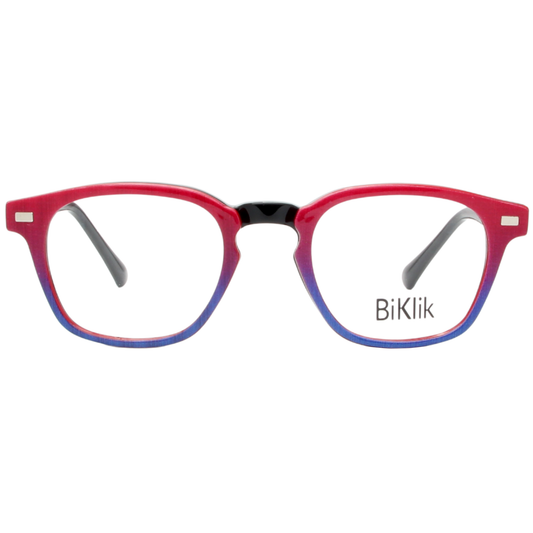 Red and blue eyeglasses with 'BiKlik' branding on a white background
