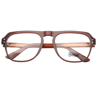 Brown eyeglasses with 'BiKlik' branding on a white background