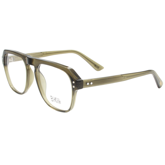 Eyeglasses with a brand logo on a white background