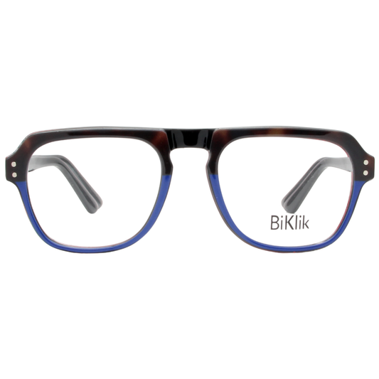 Eyeglasses with blue frames and tortoiseshell accents on a white background, featuring the brand 'BiKlik'.