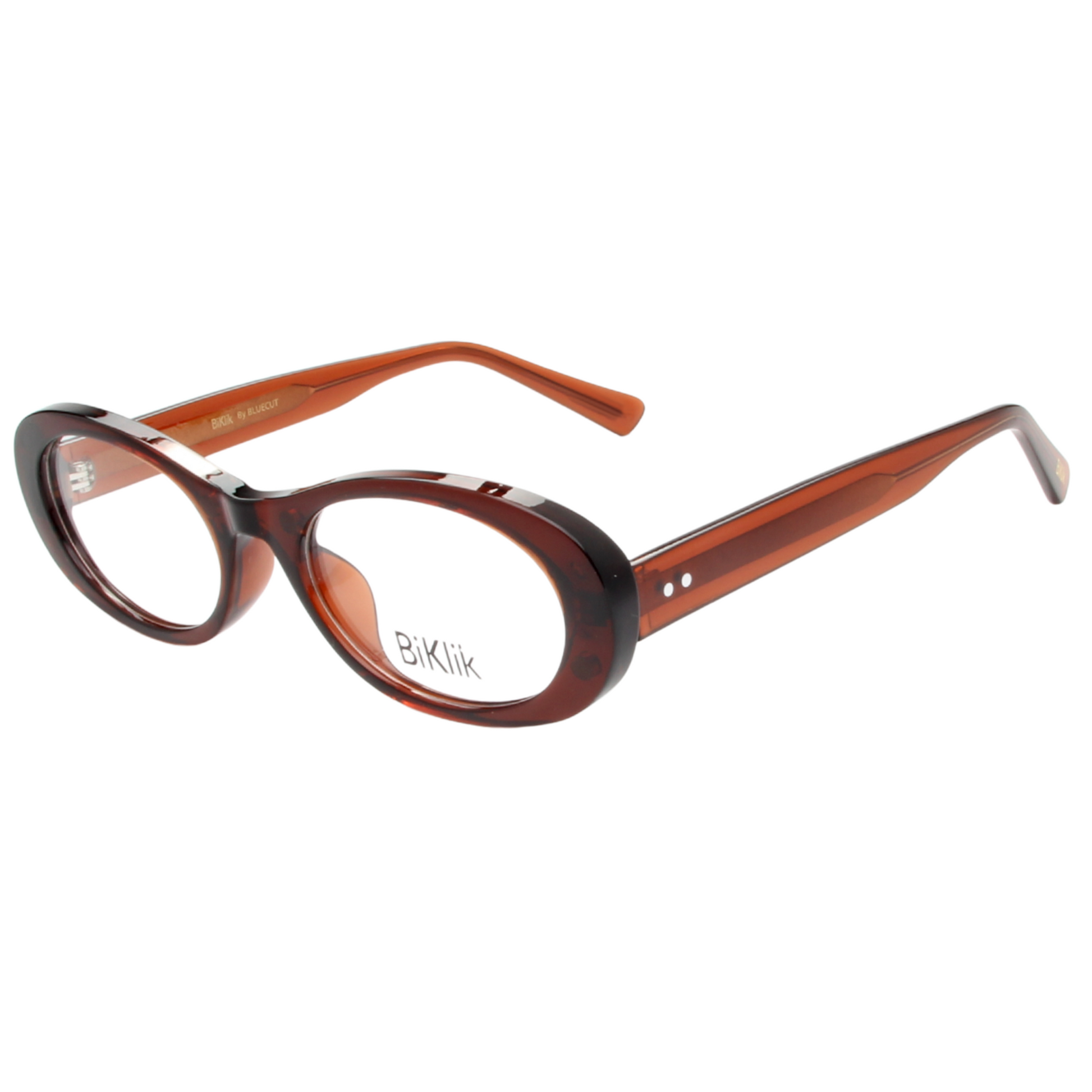 Brown eyeglasses with a visible brand logo on a white background
