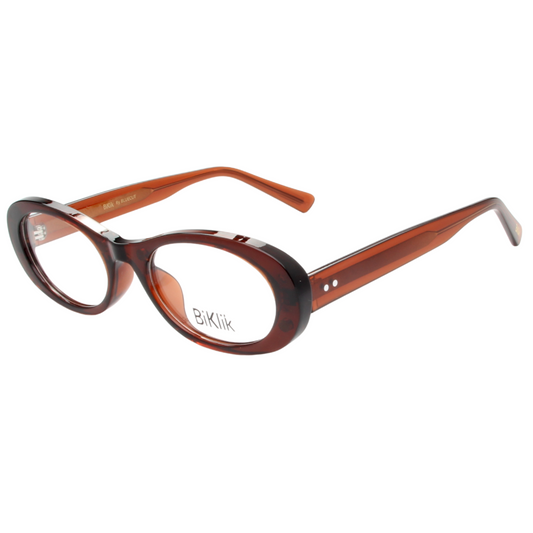 Brown eyeglasses with a visible brand logo on a white background