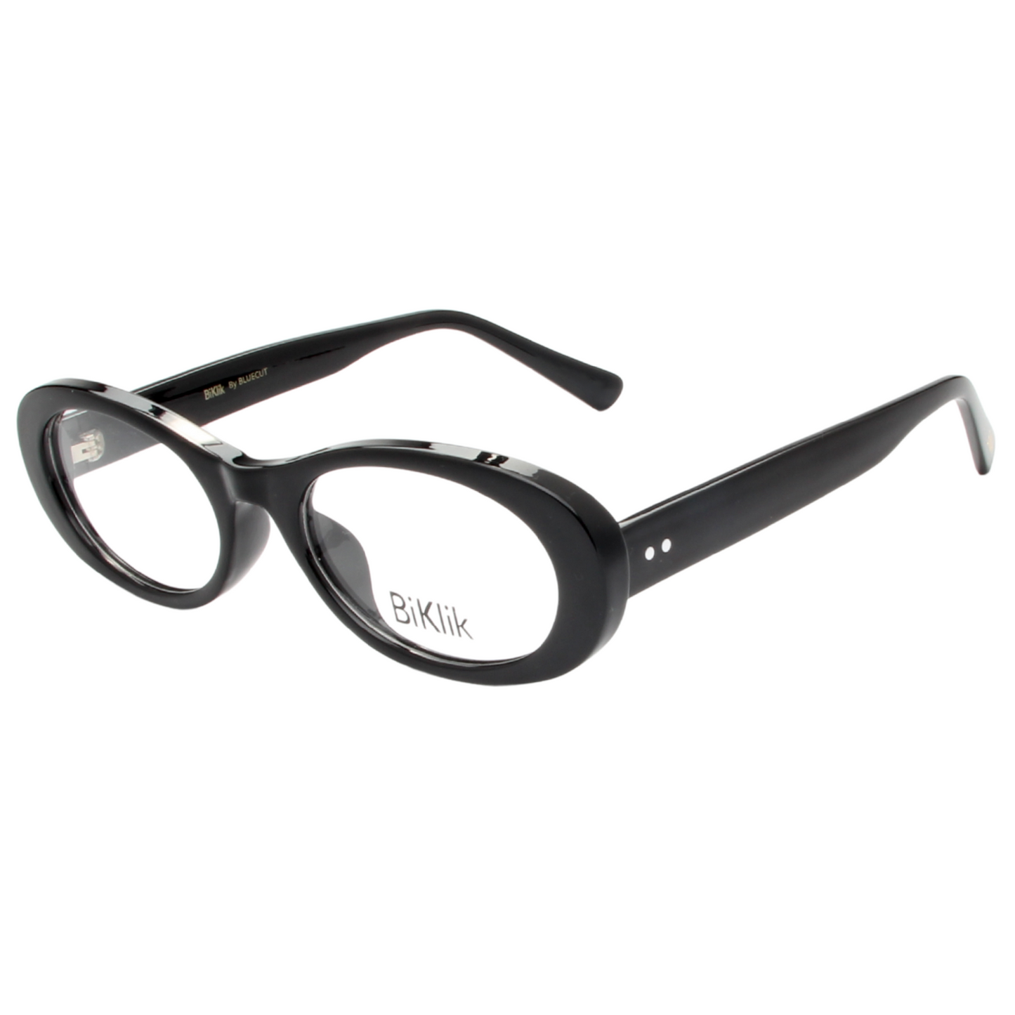 Black eyeglasses with 'BikLik' branding on a white background
