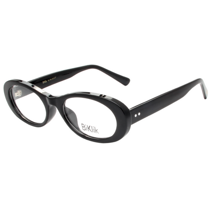 Black eyeglasses with 'BikLik' branding on a white background