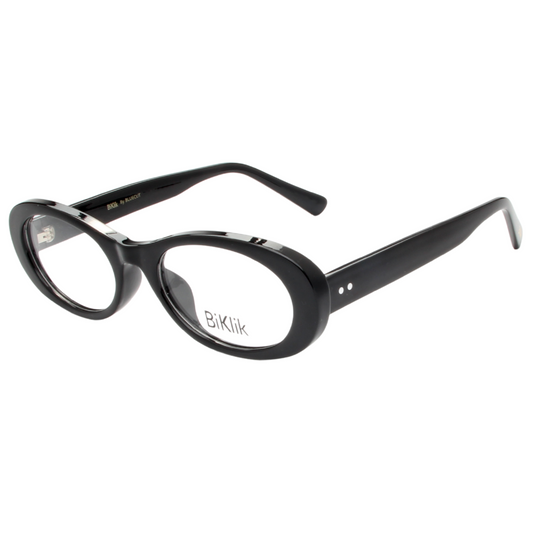 Black eyeglasses with 'BikLik' branding on a white background