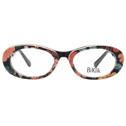 Floral-patterned eyeglasses with 'BiKlik' branding on a white background