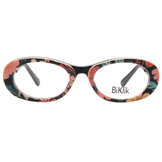 Floral-patterned eyeglasses with 'BiKlik' branding on a white background