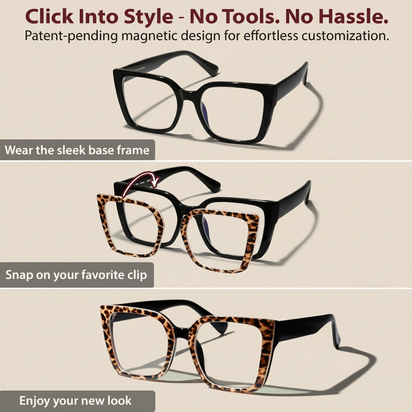 Glasses with a sleek base frame and customizable leopard print clips on a beige background.