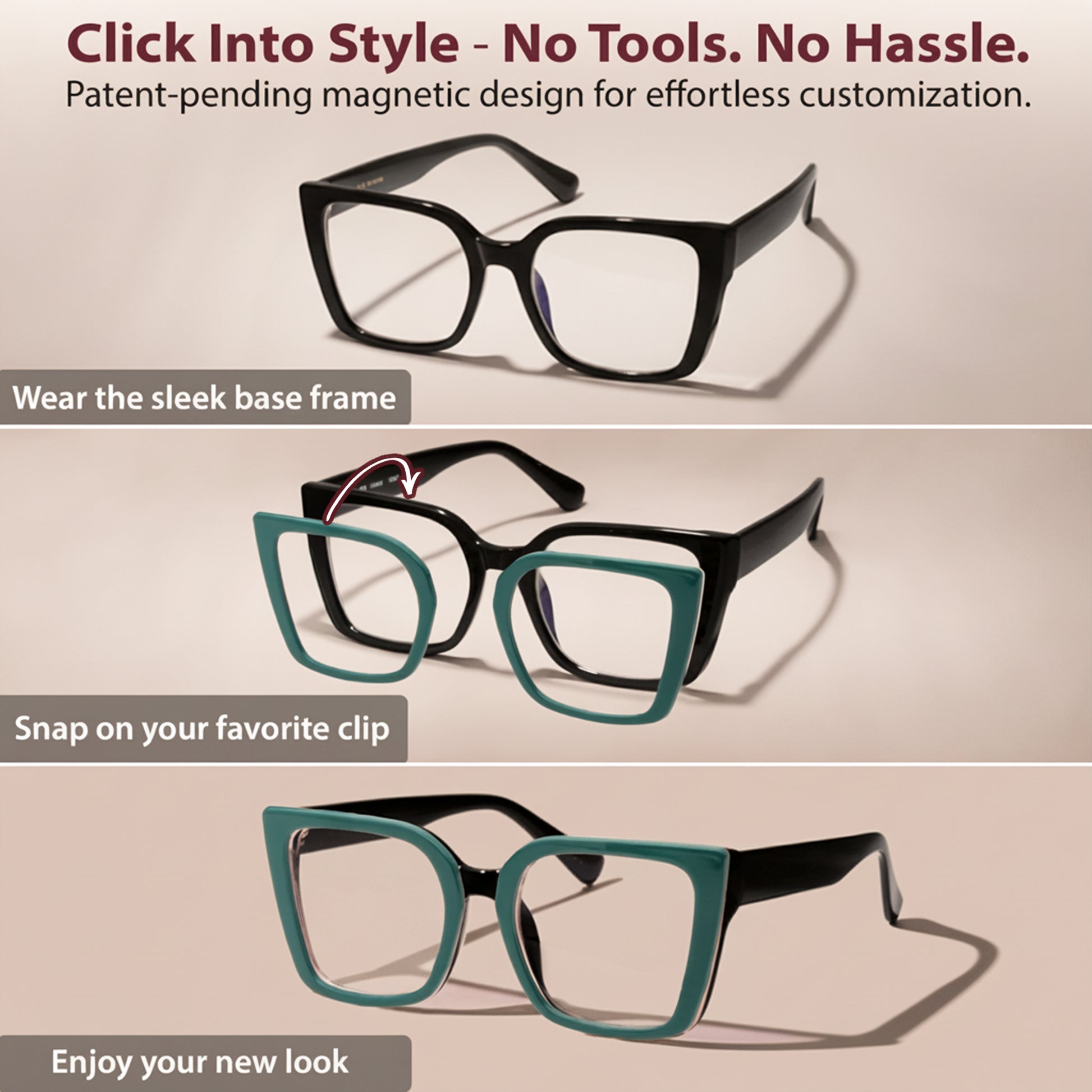 Glasses with magnetic design for customization on a beige background
