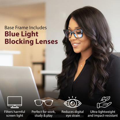 Woman wearing glasses with blue light blocking lenses, sitting at a desk.