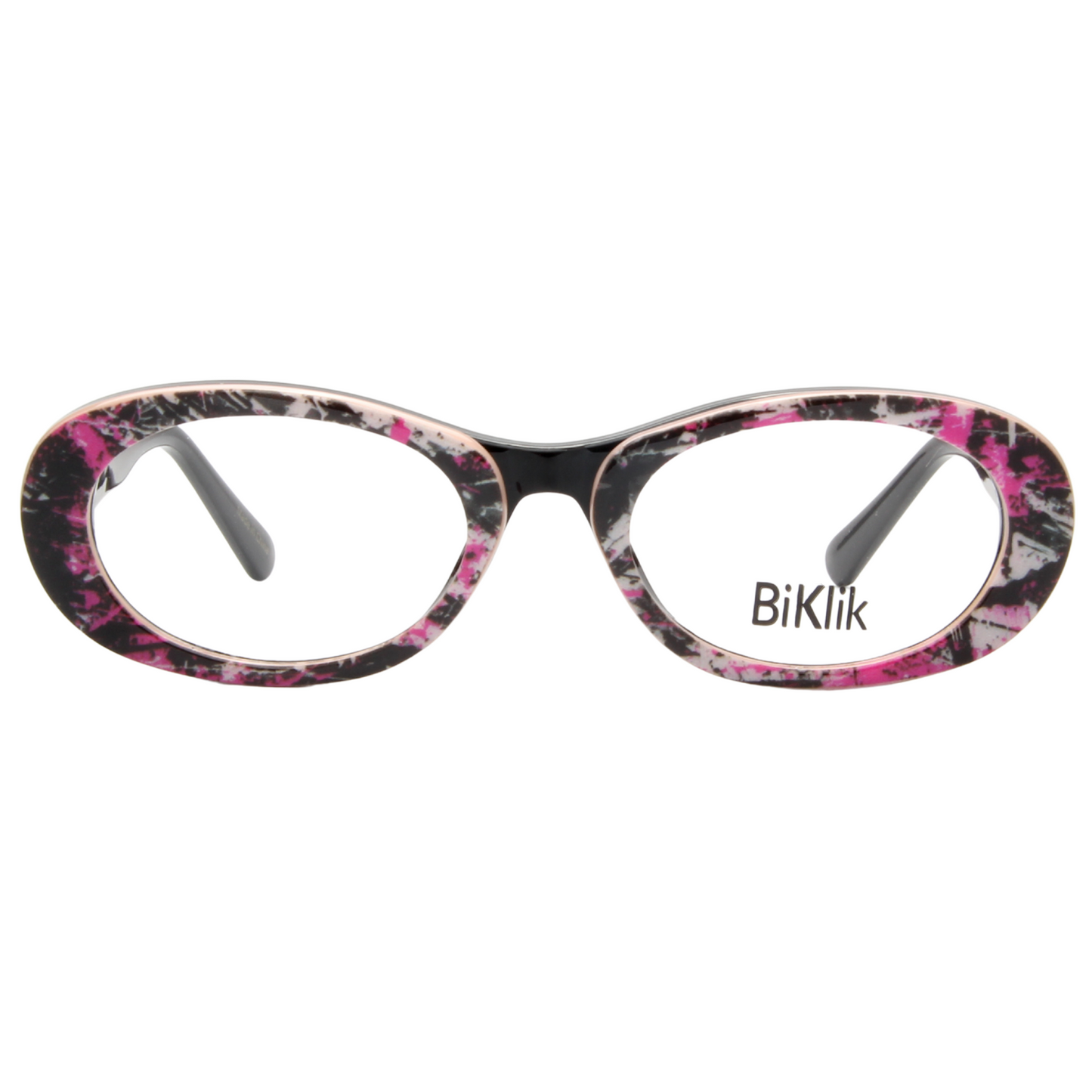 Floral-patterned eyeglasses with 'BiKlik' branding on a white background