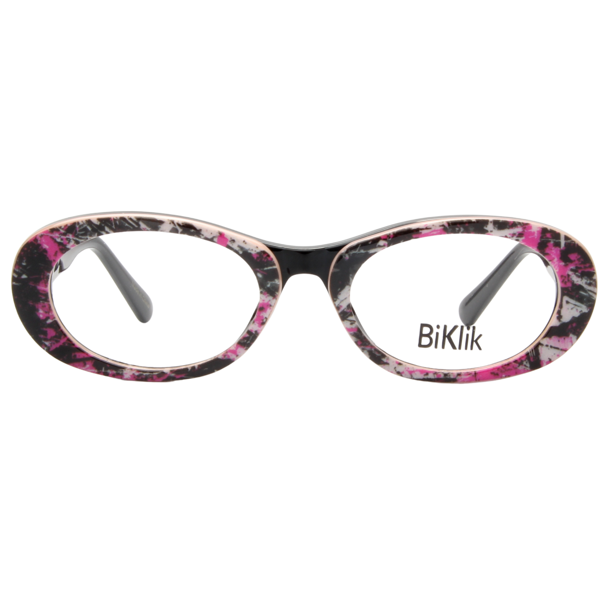 Floral-patterned eyeglasses with 'BiKlik' branding on a white background