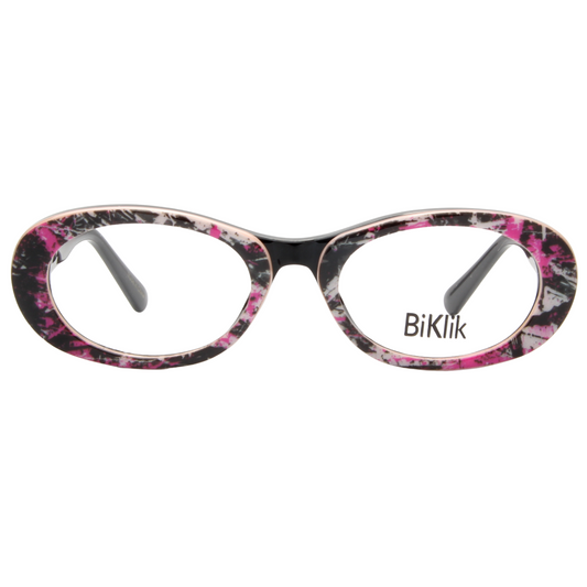 Floral-patterned eyeglasses with 'BiKlik' branding on a white background