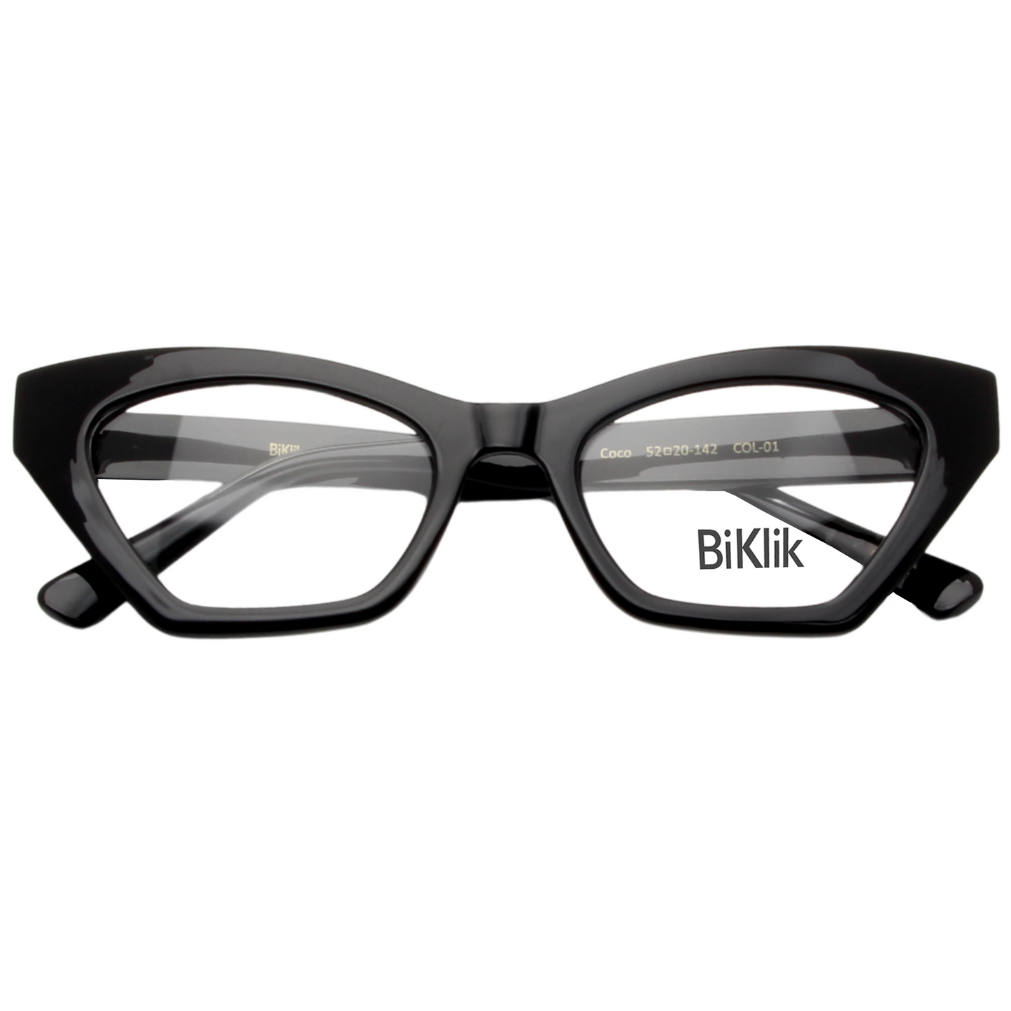 Black cat-eye glasses with 'Biklik' branding on a white background