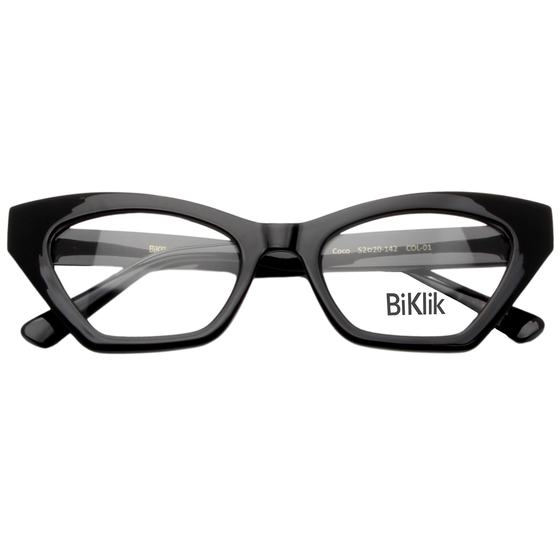 Black cat-eye glasses with 'Biklik' branding on a white background