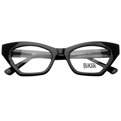 Black cat-eye glasses with 'Biklik' branding on a white background