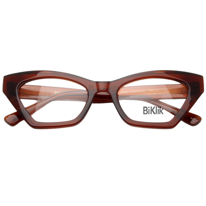 Brown cat-eye glasses with 'BiKlik' branding on a white background