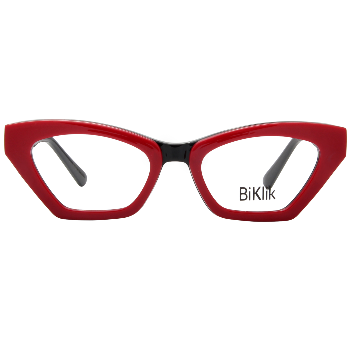 Red cat-eye glasses with 'BiKlik' branding on a white background