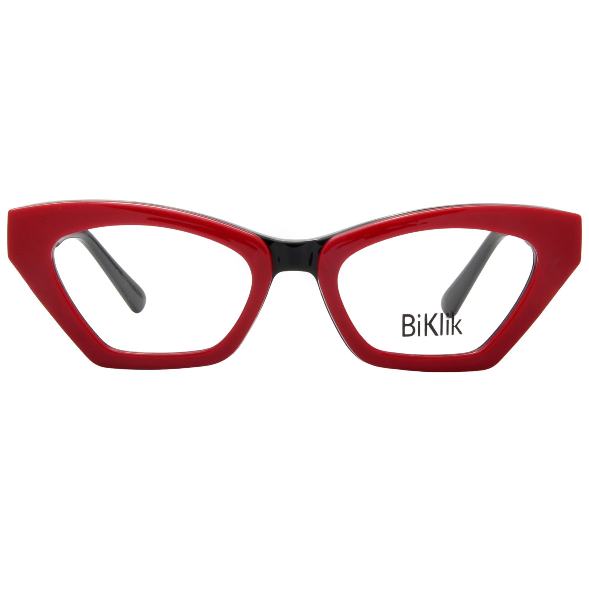 Red cat-eye glasses with 'BiKlik' branding on a white background