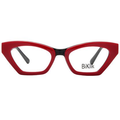 Red cat-eye glasses with 'BiKlik' branding on a white background