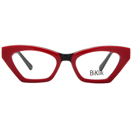 Red cat-eye glasses with 'BiKlik' branding on a white background