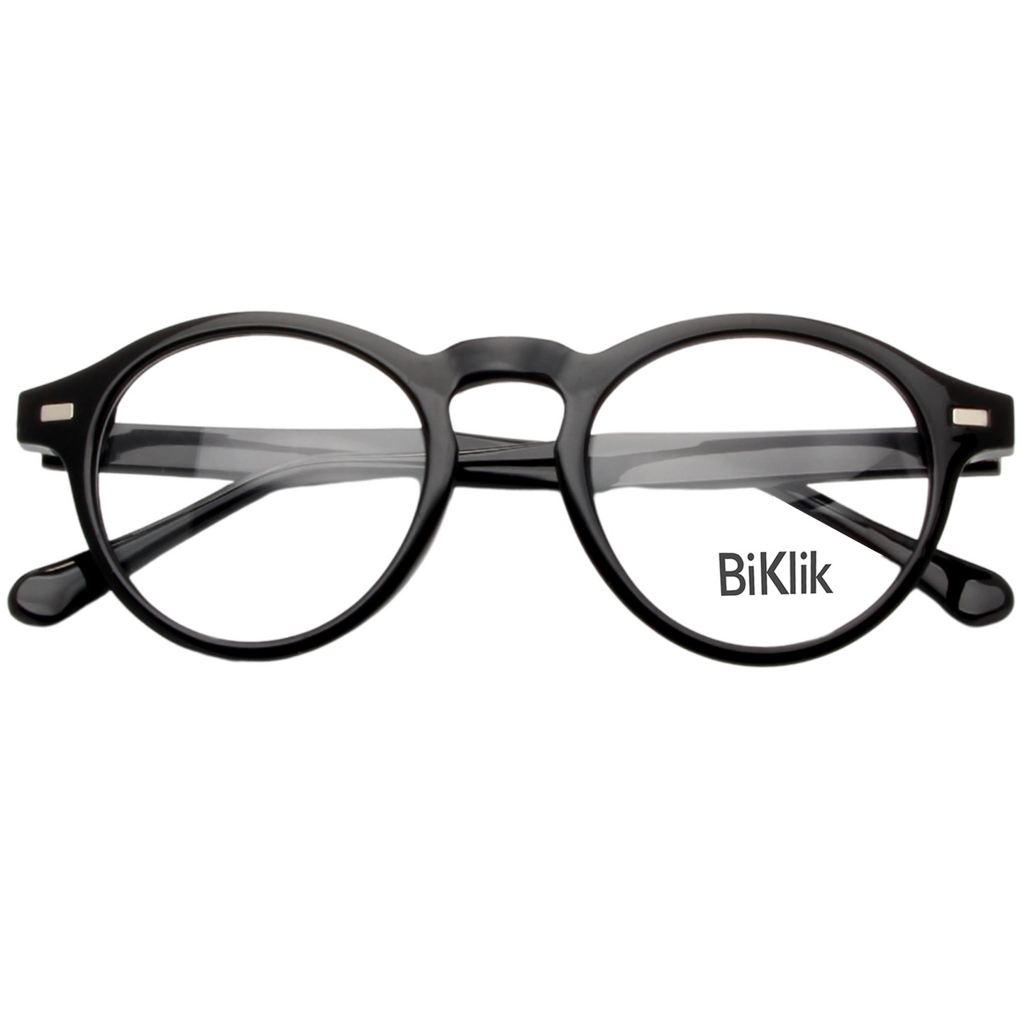 Black round eyeglasses with 'BiKlik' branding on a white background